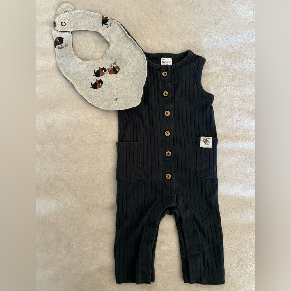 Carters 2 Piece Baby Navy Ribbed Jumpsuit & Bandana Bib Size 3 months